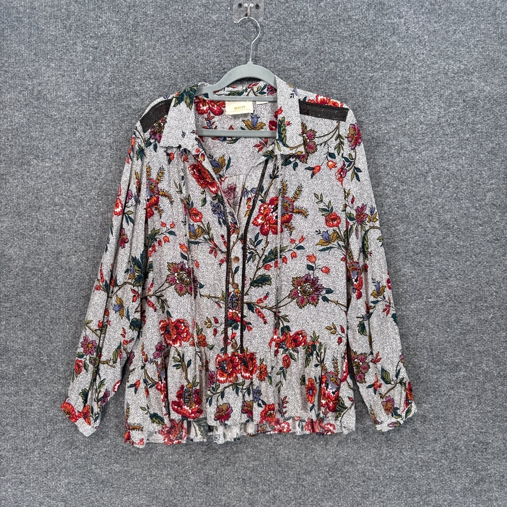 Maeve Anthropologie Blouse Women 8 Floral Lace Trim Peplum Boho Button Up Top
